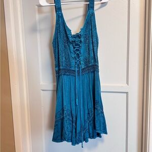 Teal Lace-Up Mini Dress